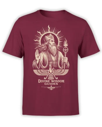 Front view of burgundy mythology T-shirt with crowned bearded sage and Divine Wisdom Guides design