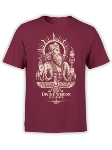 Front view of burgundy mythology T-shirt with crowned bearded sage and Divine Wisdom Guides design