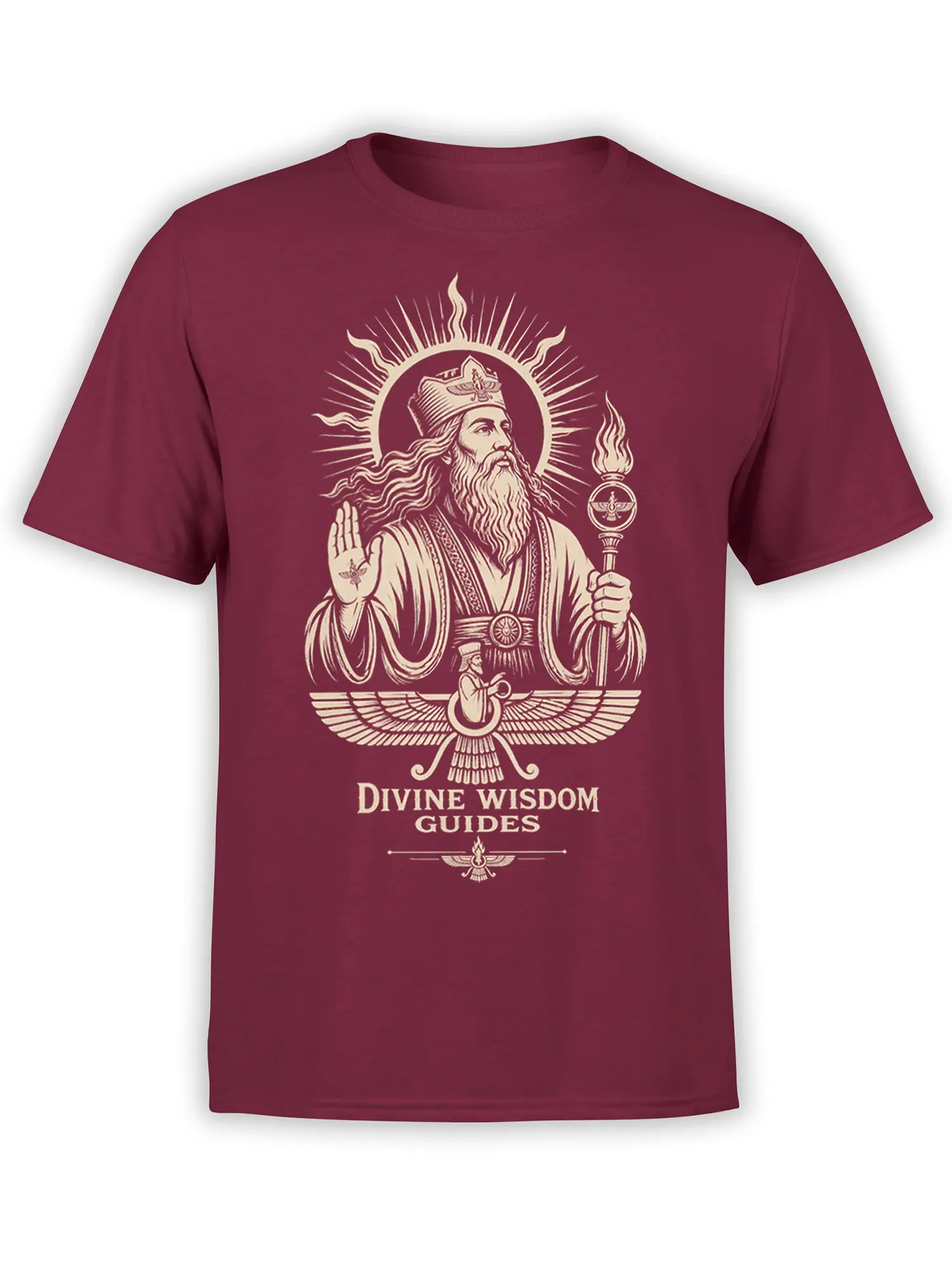 Front view of burgundy mythology T-shirt with crowned bearded sage and Divine Wisdom Guides design