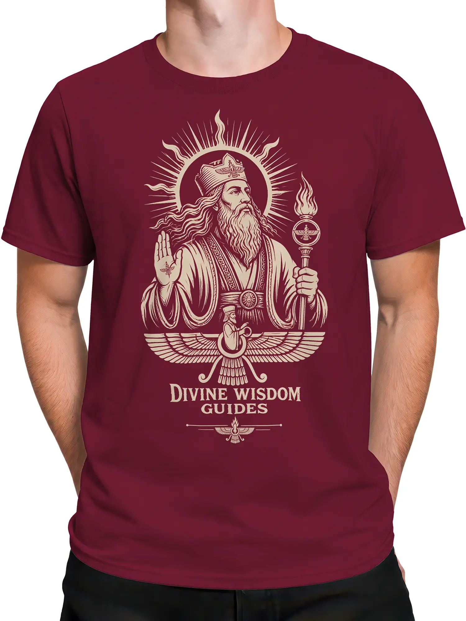 Male torso wearing burgundy mythology T-shirt with crowned sage graphic