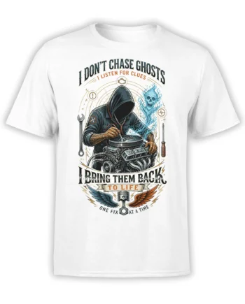 White T-shirt with a hooded mechanic repairing an engine beside a blue ghost skull and vintage lettering