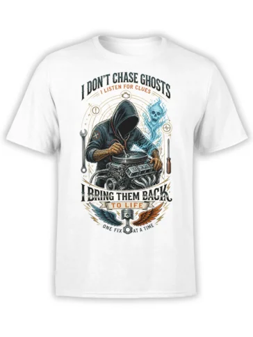 White T-shirt with a hooded mechanic repairing an engine beside a blue ghost skull and vintage lettering