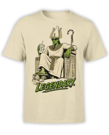 Beige Egyptian-inspired pharaoh T-shirt with sunglasses, throne, crook staff, cup, and “LEGENDARY.” artwork