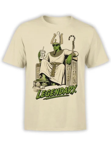 Beige Egyptian-inspired pharaoh T-shirt with sunglasses, throne, crook staff, cup, and “LEGENDARY.” artwork