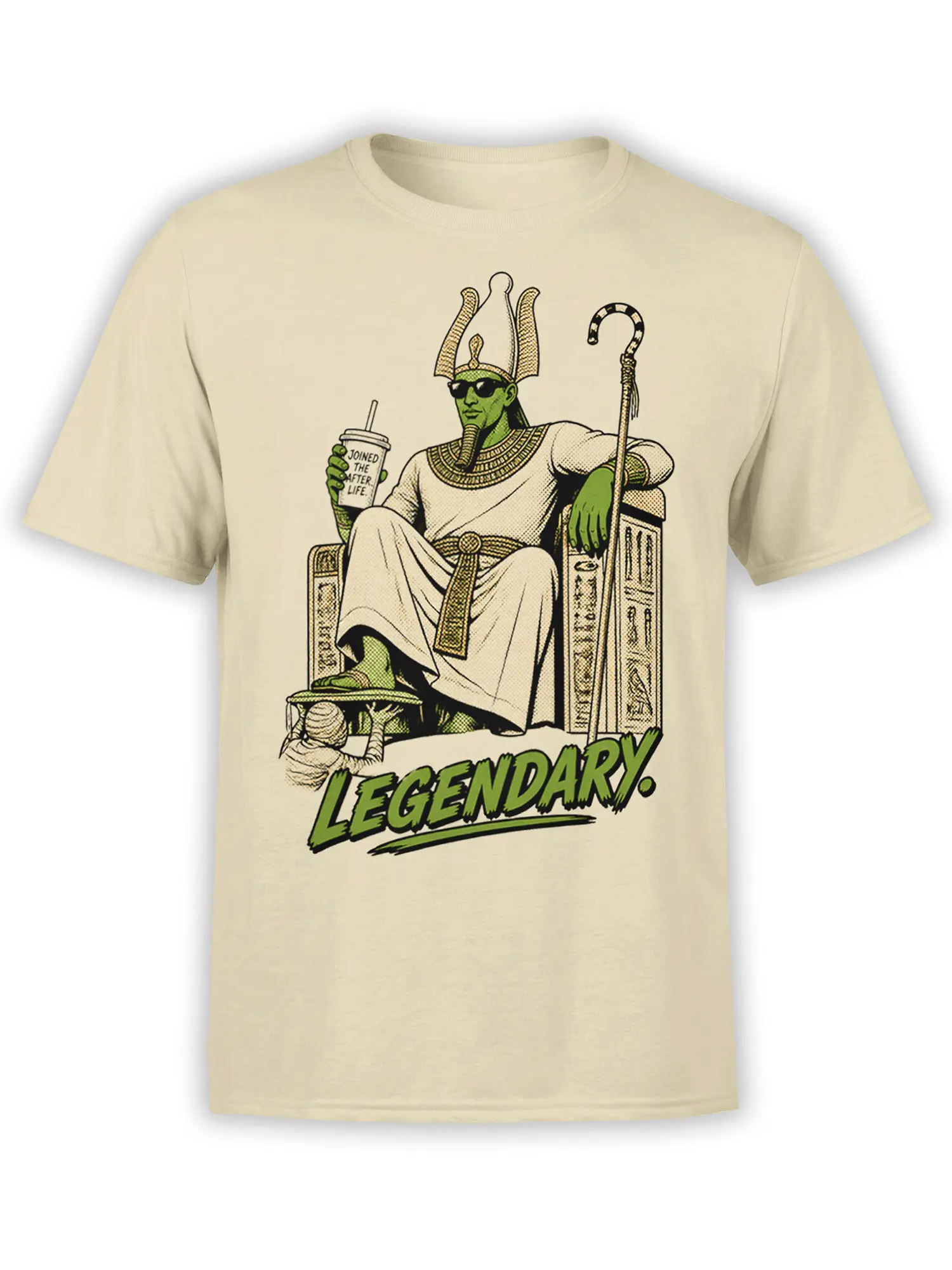 Beige Egyptian-inspired pharaoh T-shirt with sunglasses, throne, crook staff, cup, and “LEGENDARY.” artwork