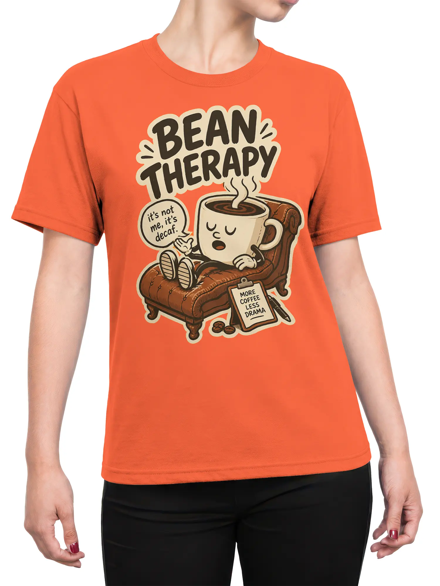 Female model wearing an orange Bean Therapy T-shirt with a sleepy coffee cup and cozy coffee humor design