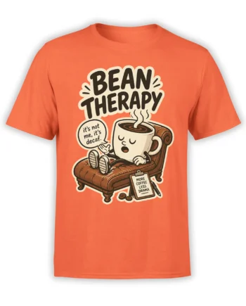 Orange Bean Therapy coffee T-shirt with a sleepy cup on a chaise and a more coffee less drama message