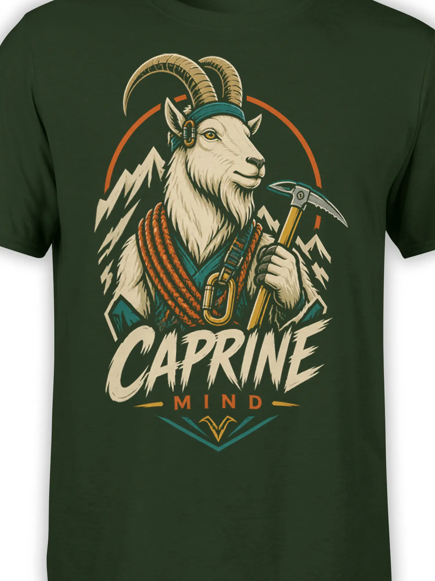 Close-up of goat climber artwork with ice axe, carabiner, and ropes on dark green fabric
