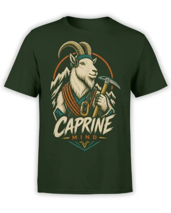 Mountain climbing goat with an ice axe and ropes on a dark green graphic T-shirt