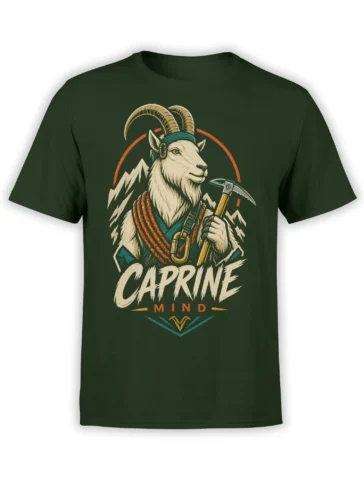 Mountain climbing goat with an ice axe and ropes on a dark green graphic T-shirt