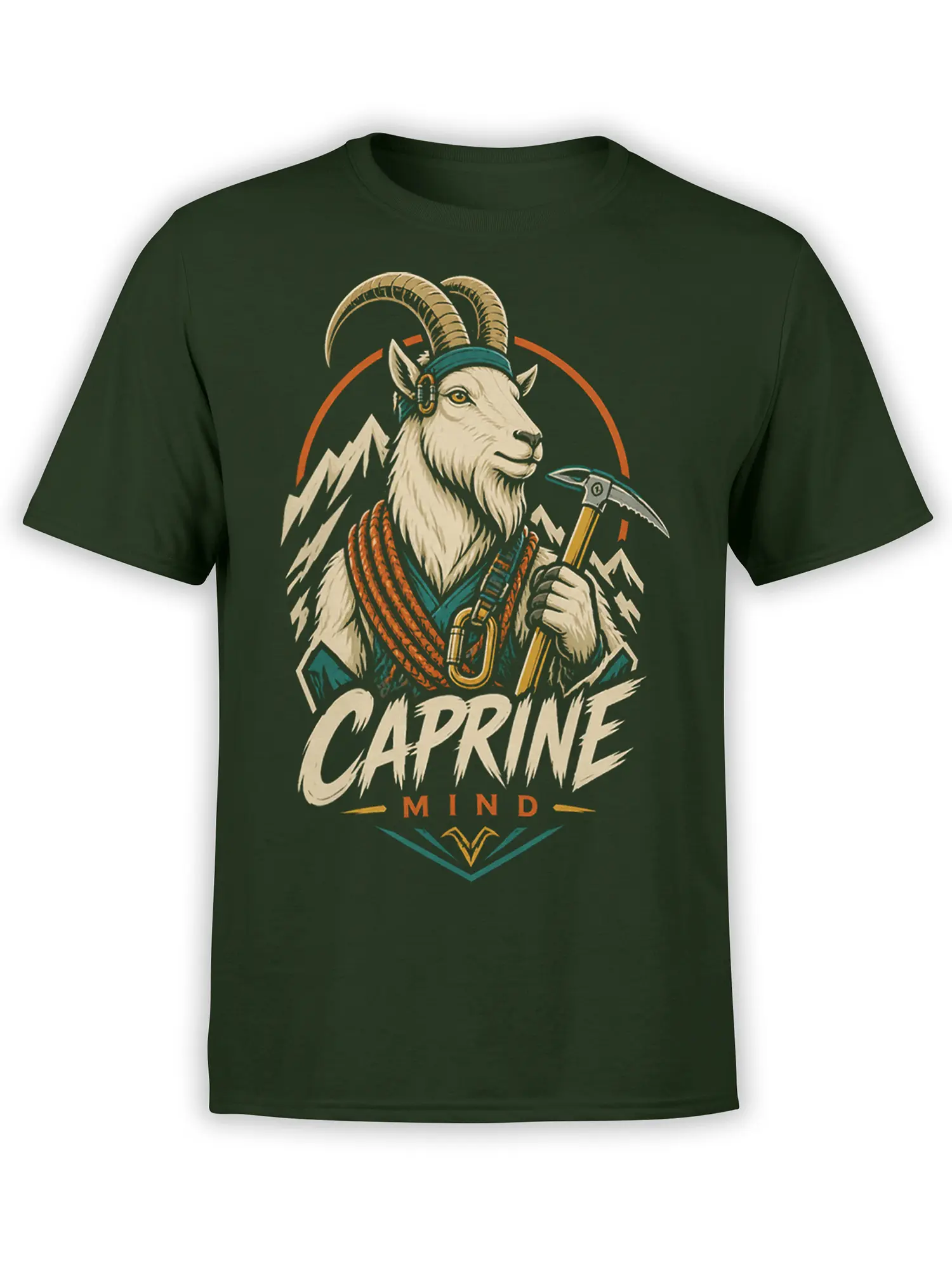 Mountain climbing goat with an ice axe and ropes on a dark green graphic T-shirt