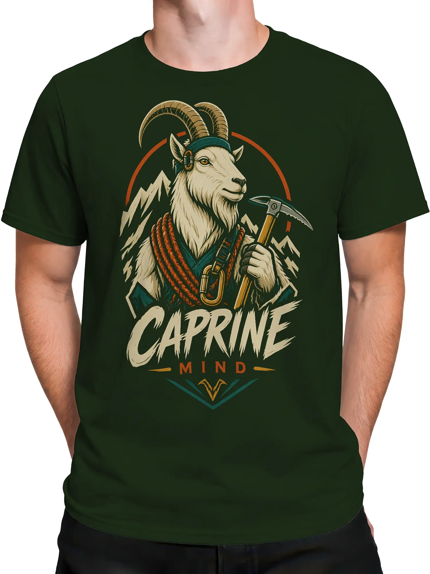Male torso wearing a dark green mountain goat graphic T-shirt with climbing gear