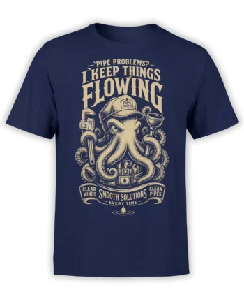 Navy octopus plumbing T-shirt with pipe-master cap, tools, and “I Keep Things Flowing” text