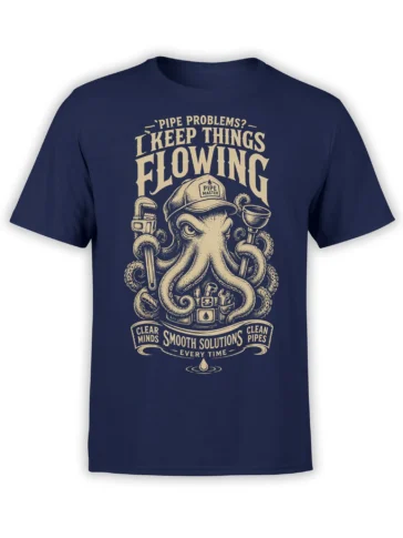 Navy octopus plumbing T-shirt with pipe-master cap, tools, and “I Keep Things Flowing” text