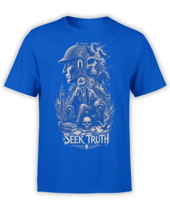 vintage detective seeking truth with skull, ravens, books, and clock tower on blue shirt