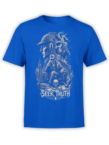 vintage detective seeking truth with skull, ravens, books, and clock tower on blue shirt