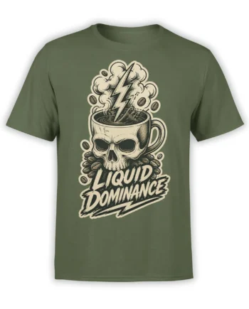 Olive green coffee T-shirt with skull mug, lightning bolt, coffee beans, and Liquid Dominance artwork