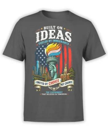 Gray USA T-shirt with Statue of Liberty, American flag, eagle, skyline, and immigrant unity message