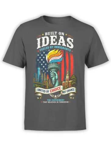 Gray USA T-shirt with Statue of Liberty, American flag, eagle, skyline, and immigrant unity message