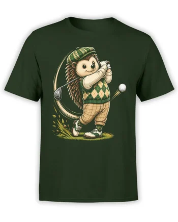 Hedgehog golfer swinging a club in argyle and plaid clothing on a dark green T-shirt