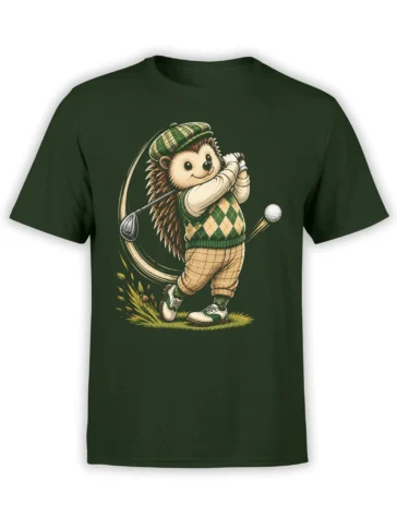 Hedgehog golfer swinging a club in argyle and plaid clothing on a dark green T-shirt