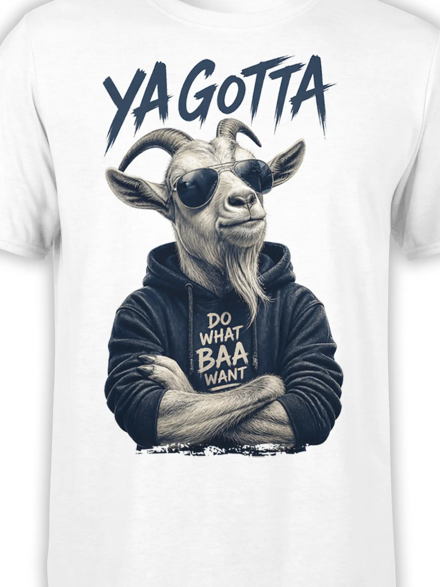 Close-up of goat sunglasses, horns, beard, hoodie, and “Do What Baa Want” text on white T-shirt