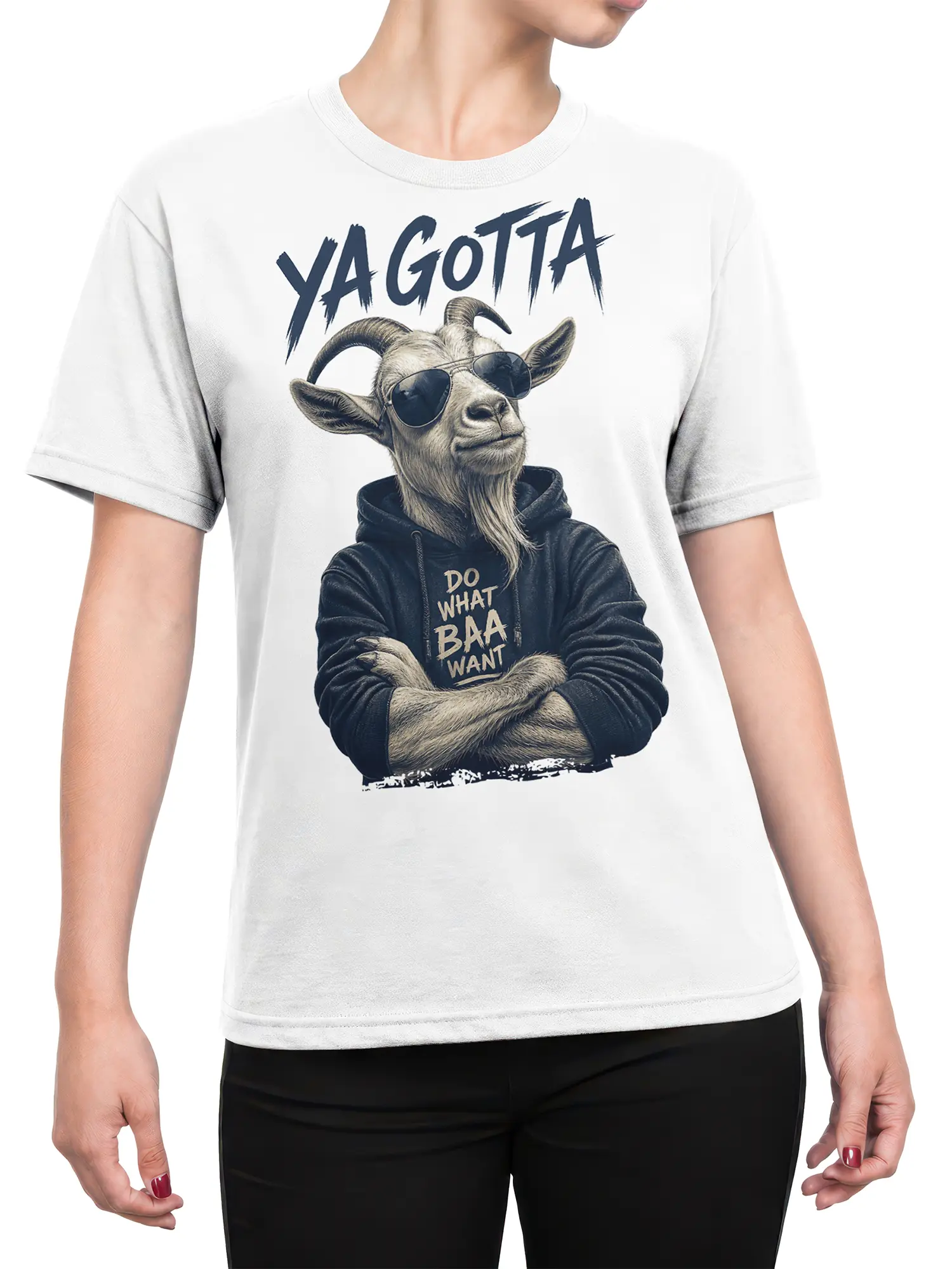 Female torso wearing white goat T-shirt with sunglasses, hoodie, and bold “Do What Baa Want” artwork
