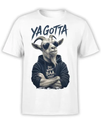 White goat T-shirt with sunglasses, dark hoodie, crossed arms, and “Do What Baa Want” design