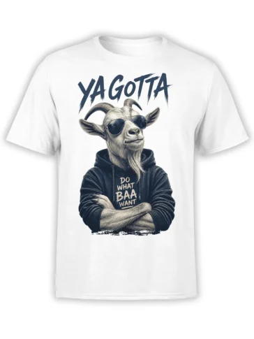 White goat T-shirt with sunglasses, dark hoodie, crossed arms, and “Do What Baa Want” design