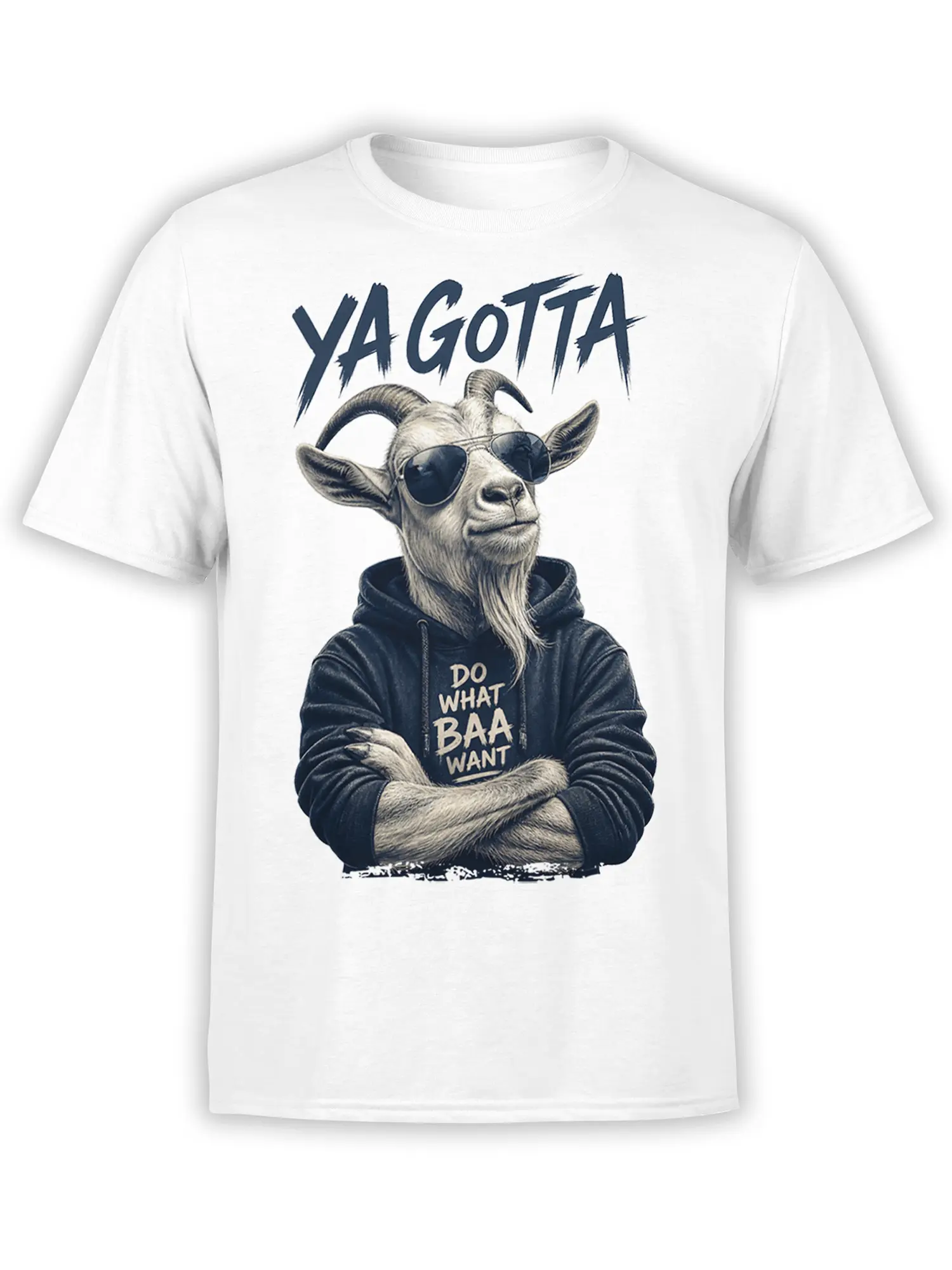 White goat T-shirt with sunglasses, dark hoodie, crossed arms, and “Do What Baa Want” design