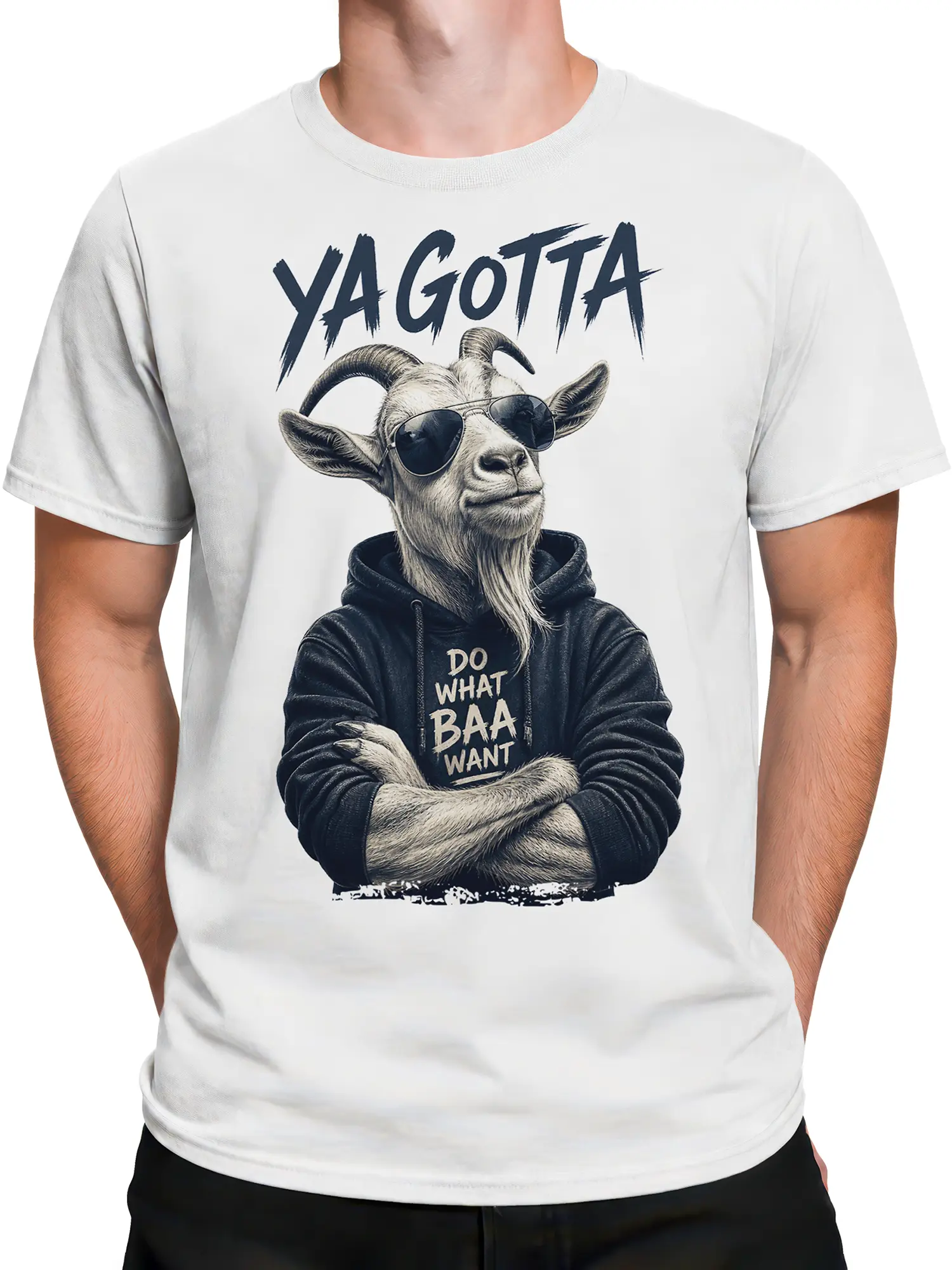 Male torso wearing white goat T-shirt with hooded goat, sunglasses, and “Do What Baa Want” print