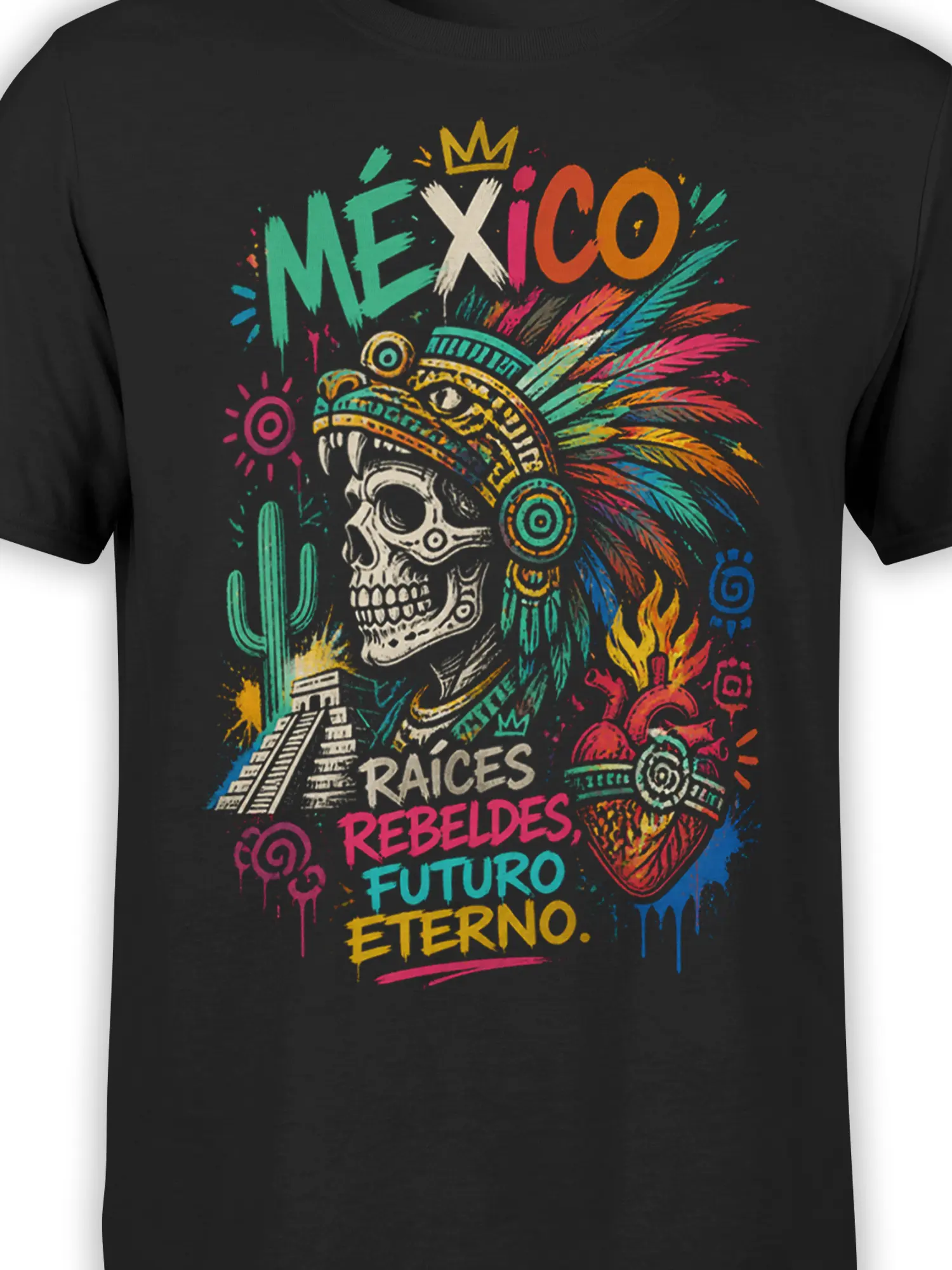 Close-up of colorful crowned skull and feathered headdress on a black Mexico graphic T-shirt