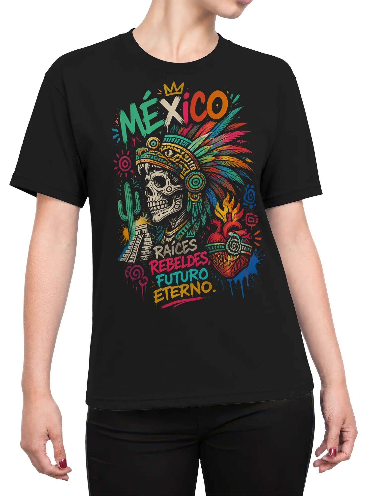Female torso wearing a black Mexico T-shirt with colorful skull, cactus, pyramid, and rebel roots artwork