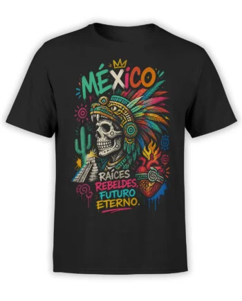 Black Mexico T-shirt with colorful crowned skull, feathered headdress, cactus, pyramid, and rebellious Spanish text