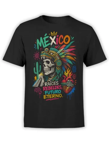 Black Mexico T-shirt with colorful crowned skull, feathered headdress, cactus, pyramid, and rebellious Spanish text