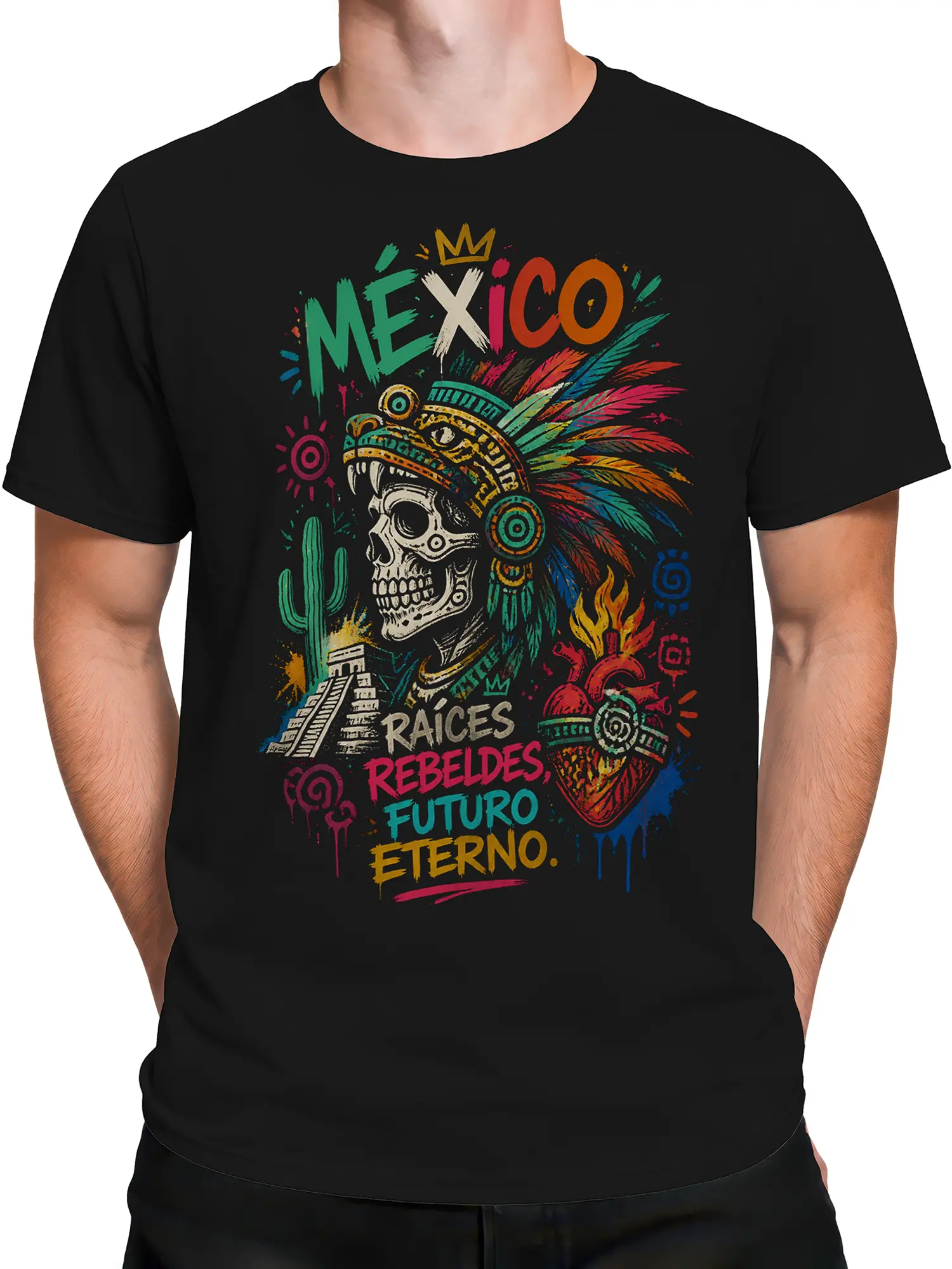 Male torso wearing a black Mexico T-shirt with crowned skull, feathered headdress, cactus, and pyramid artwork