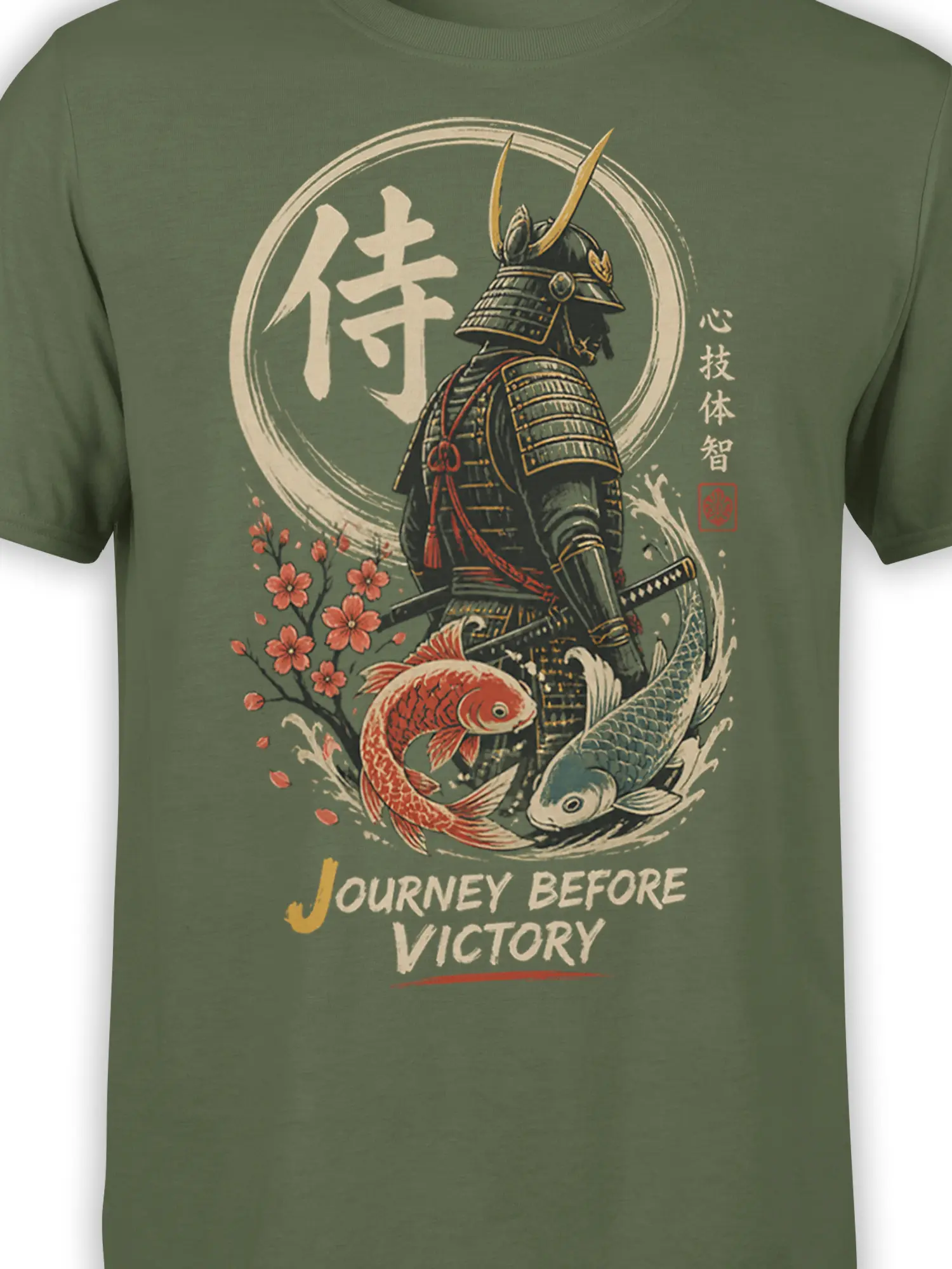 Close-up of green samurai shirt artwork with koi, cherry blossoms, sword, armor, and victory message