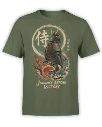 Green samurai T-shirt with two koi, cherry blossoms, Japanese characters, and Journey Before Victory artwork
