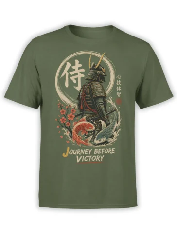 Green samurai T-shirt with two koi, cherry blossoms, Japanese characters, and Journey Before Victory artwork