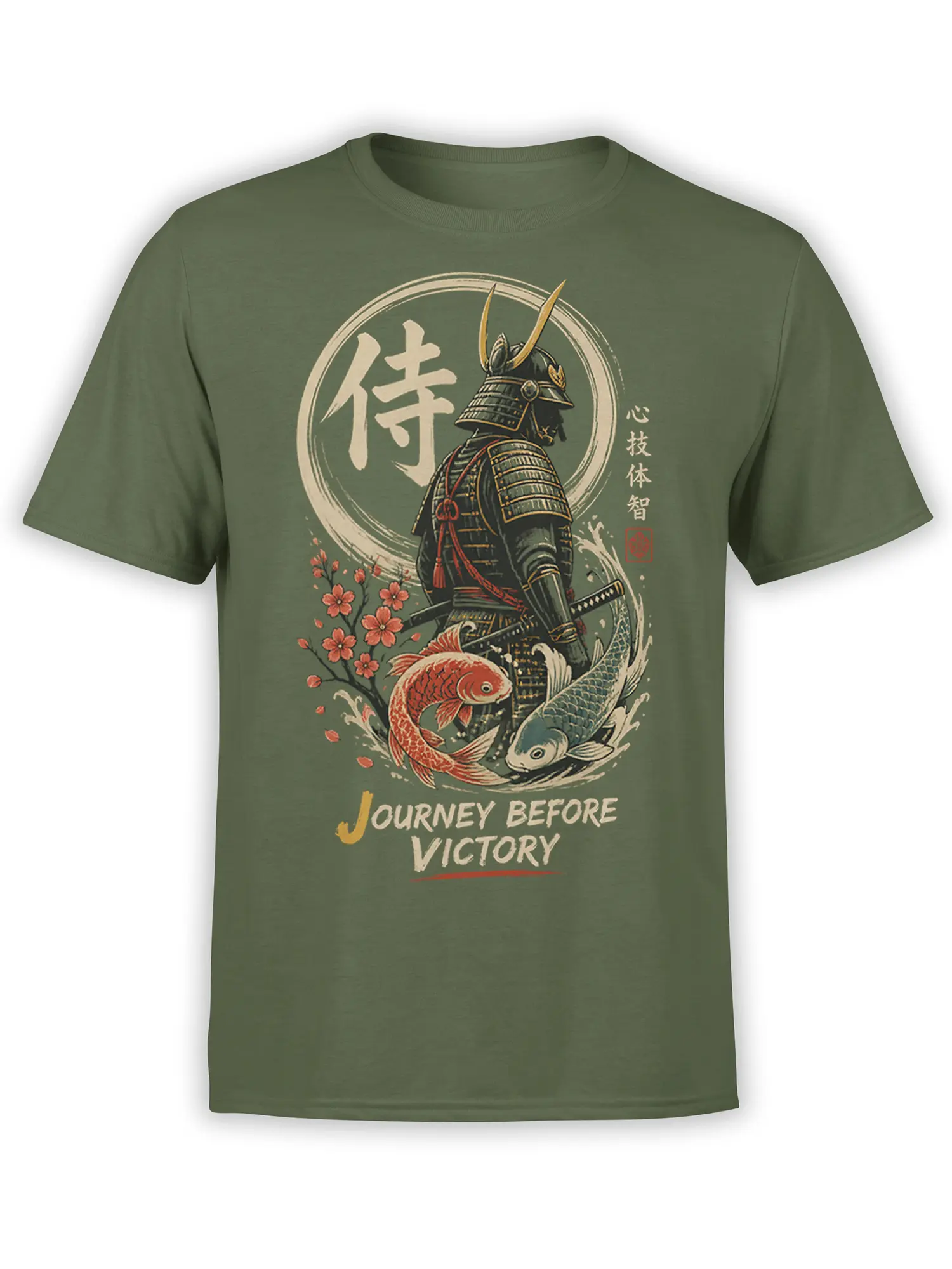 Green samurai T-shirt with two koi, cherry blossoms, Japanese characters, and Journey Before Victory artwork