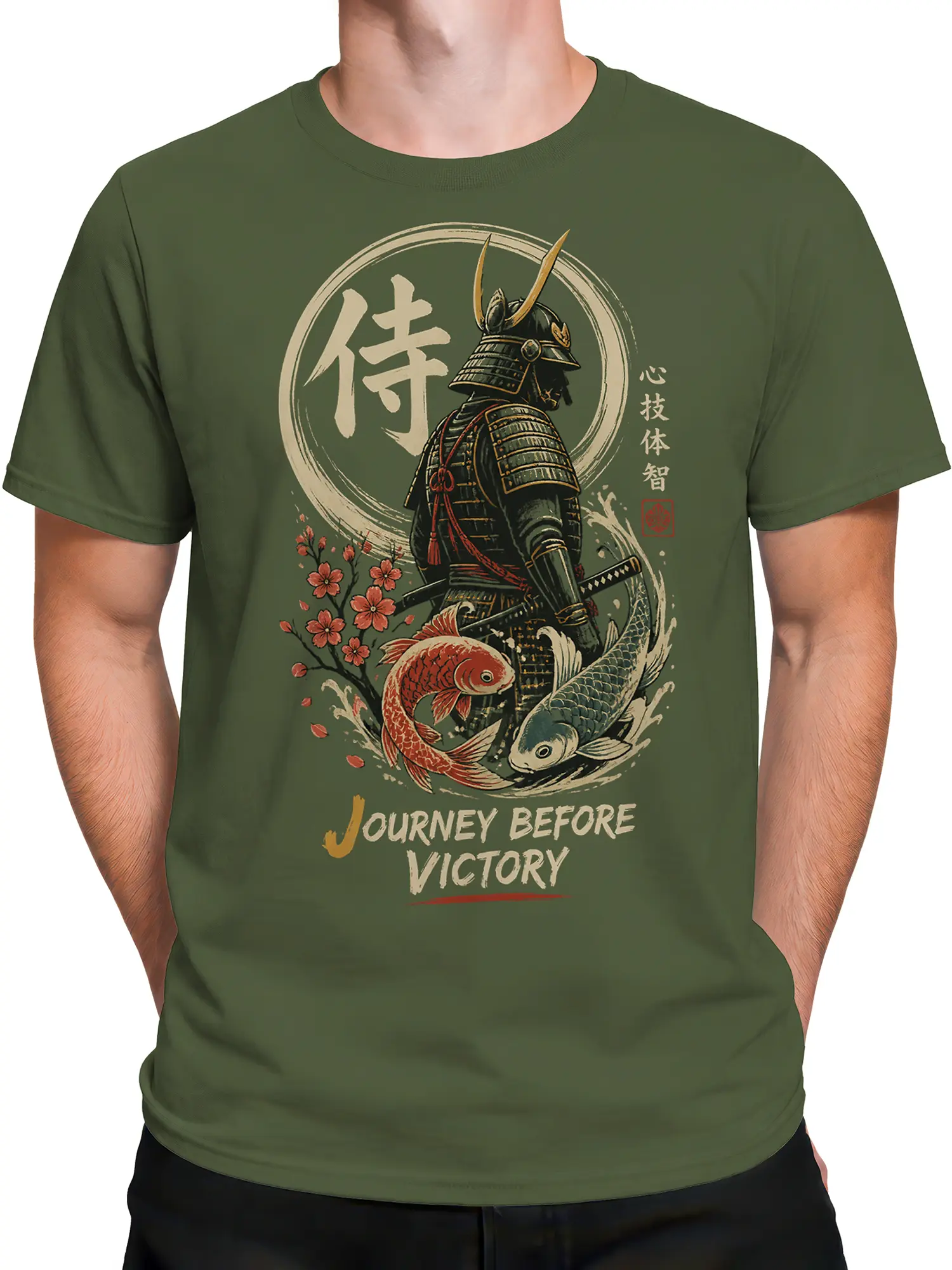 Male torso wearing a green samurai T-shirt with koi fish, cherry blossoms, and Journey Before Victory design