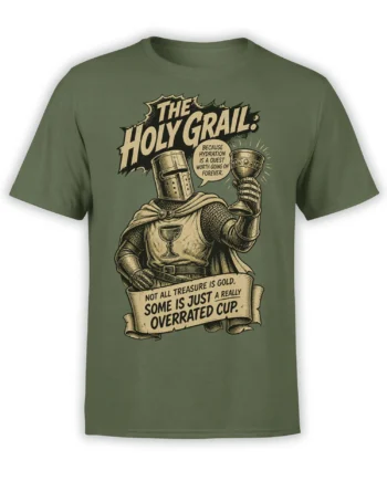 Green fantasy T-shirt showing an armored medieval figure holding a grail with humorous hydration text