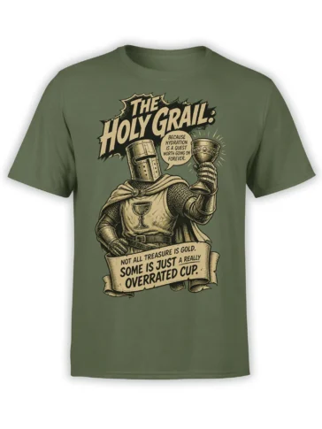 Green fantasy T-shirt showing an armored medieval figure holding a grail with humorous hydration text