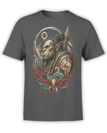 Gray T-shirt with an ornate orc-like fantasy warrior, shield, feathers, tusks, and red-blue artwork