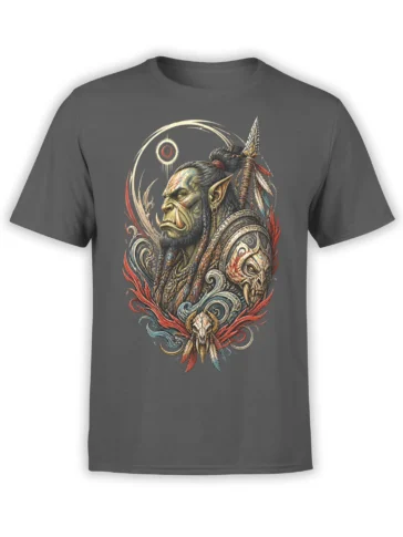 Gray T-shirt with an ornate orc-like fantasy warrior, shield, feathers, tusks, and red-blue artwork