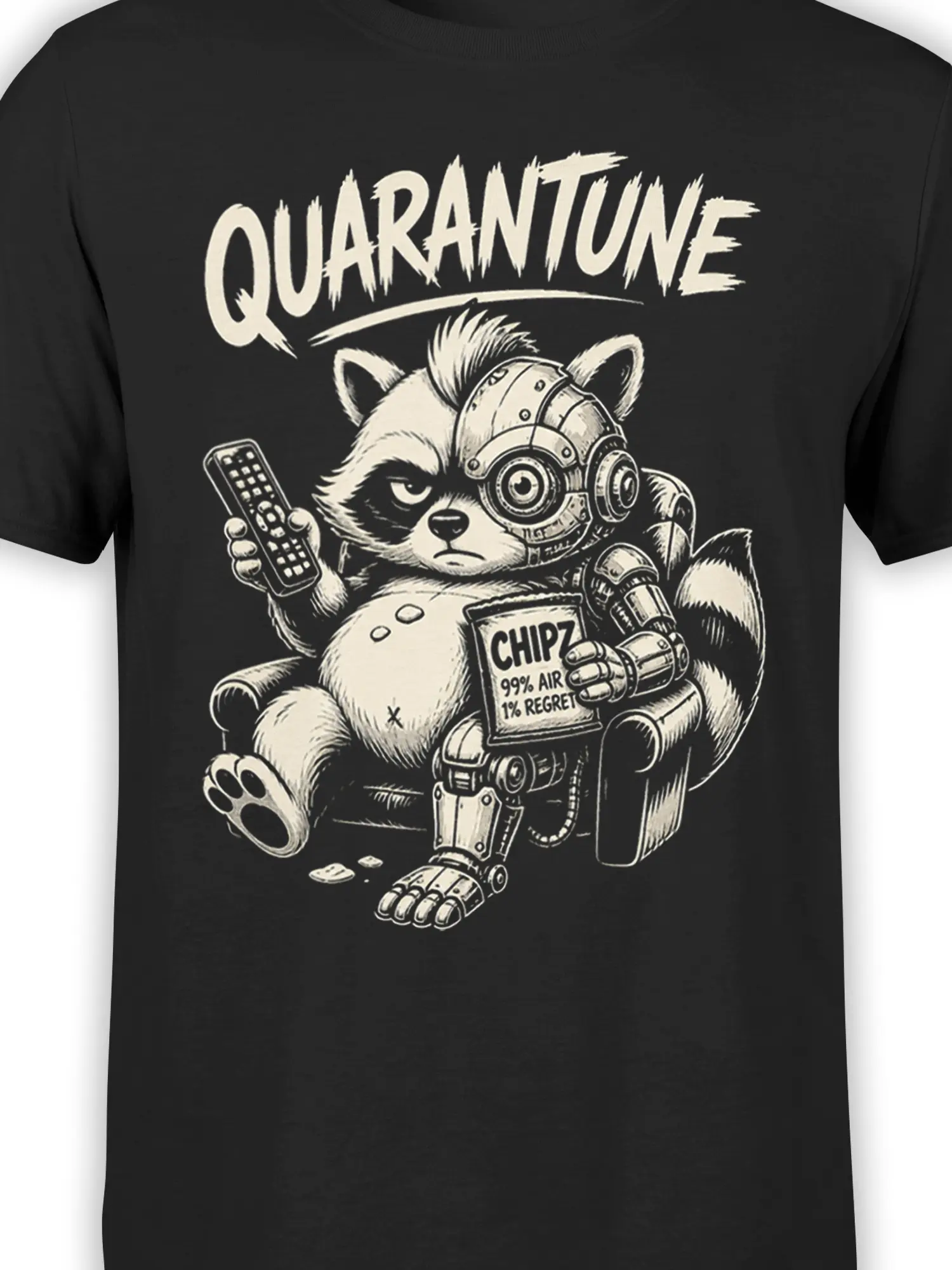 Close-up of the cybernetic raccoon, remote control, and CHIPZ packet on a black T-shirt