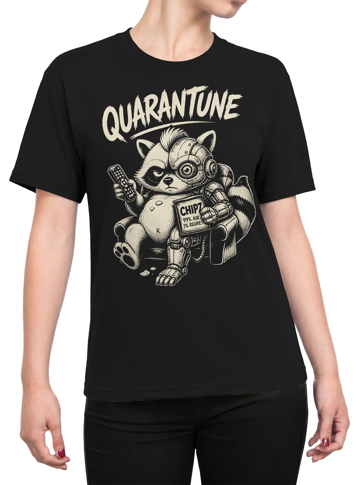 Female torso wearing a black T-shirt with a cybernetic raccoon and CHIPZ snack design