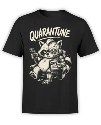 Cybernetic raccoon holding a remote and CHIPZ snack packet on a black quarantine T-shirt