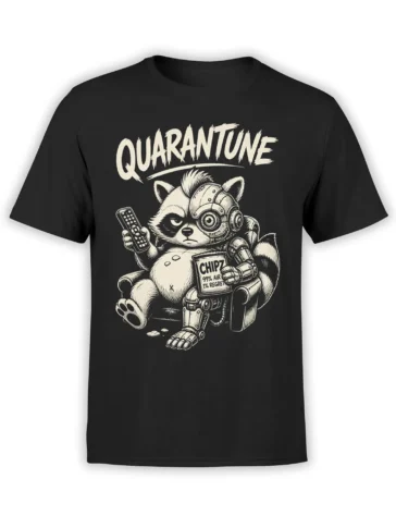 Cybernetic raccoon holding a remote and CHIPZ snack packet on a black quarantine T-shirt
