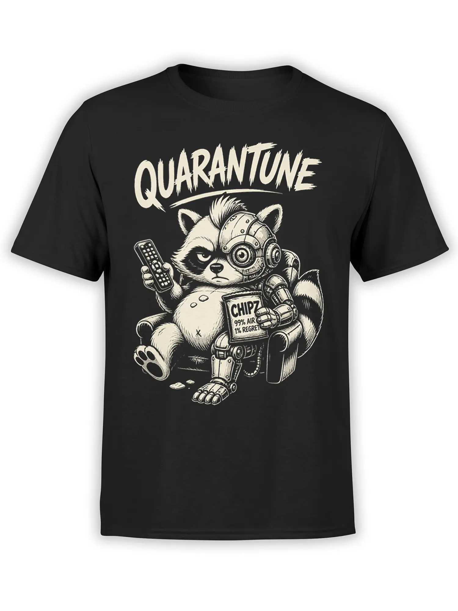 Cybernetic raccoon holding a remote and CHIPZ snack packet on a black quarantine T-shirt